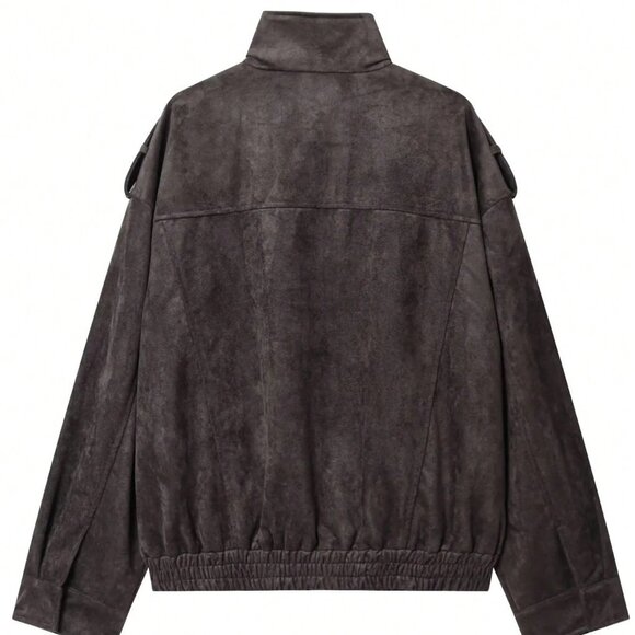 Dark Grey Casual Streetwear Women's Suede Bomber Jacket - Picture 6 of 6